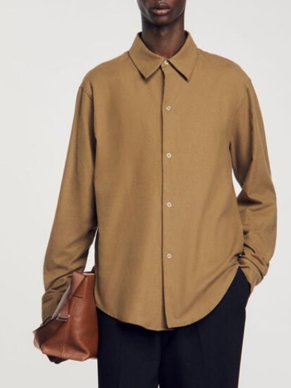SANDRO Paris Flannel Classic Button-Up Shirt in Camel